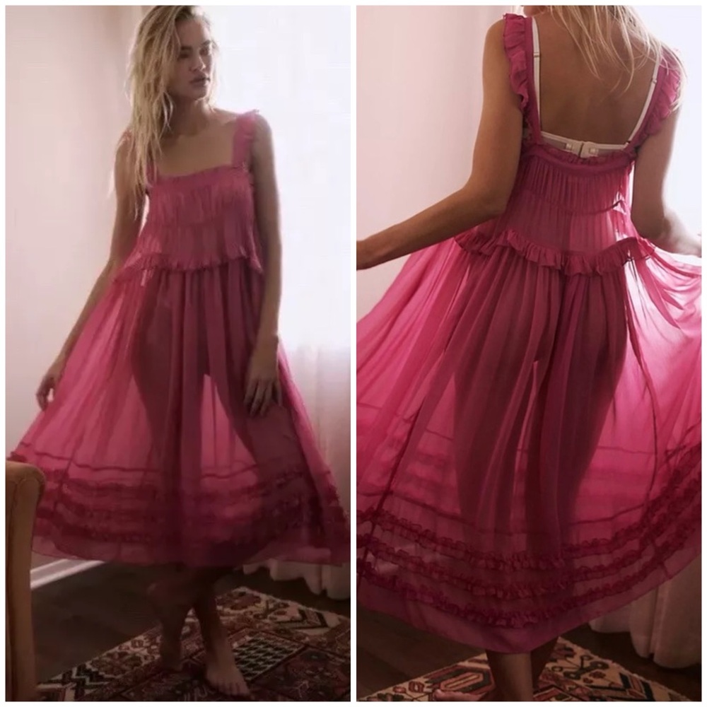 Free People Pink Sheer Ruffle Chemise